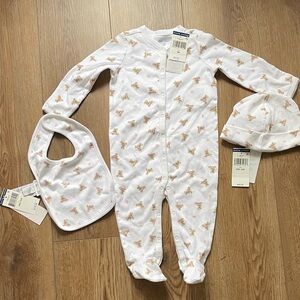 Ralph Lauren White Footed One-Piece with Pink & Tan Bear Print, Hat & Bib